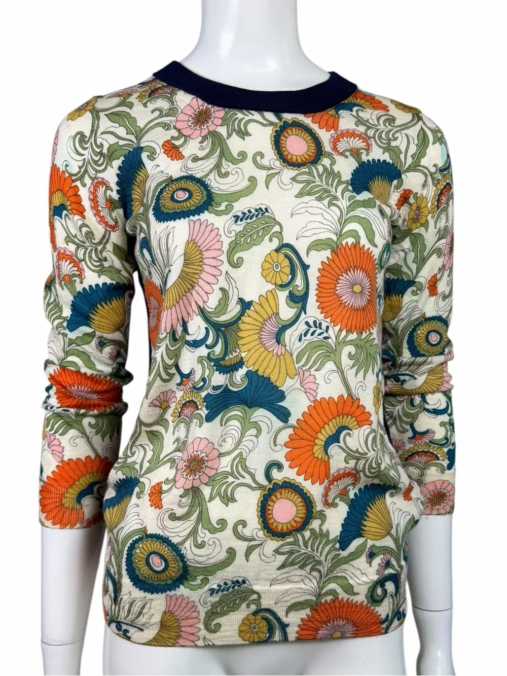 J.Crew Tippi Liberty Floral Merino Wool Sweater XS Fine Knit 3 4 Sleeve